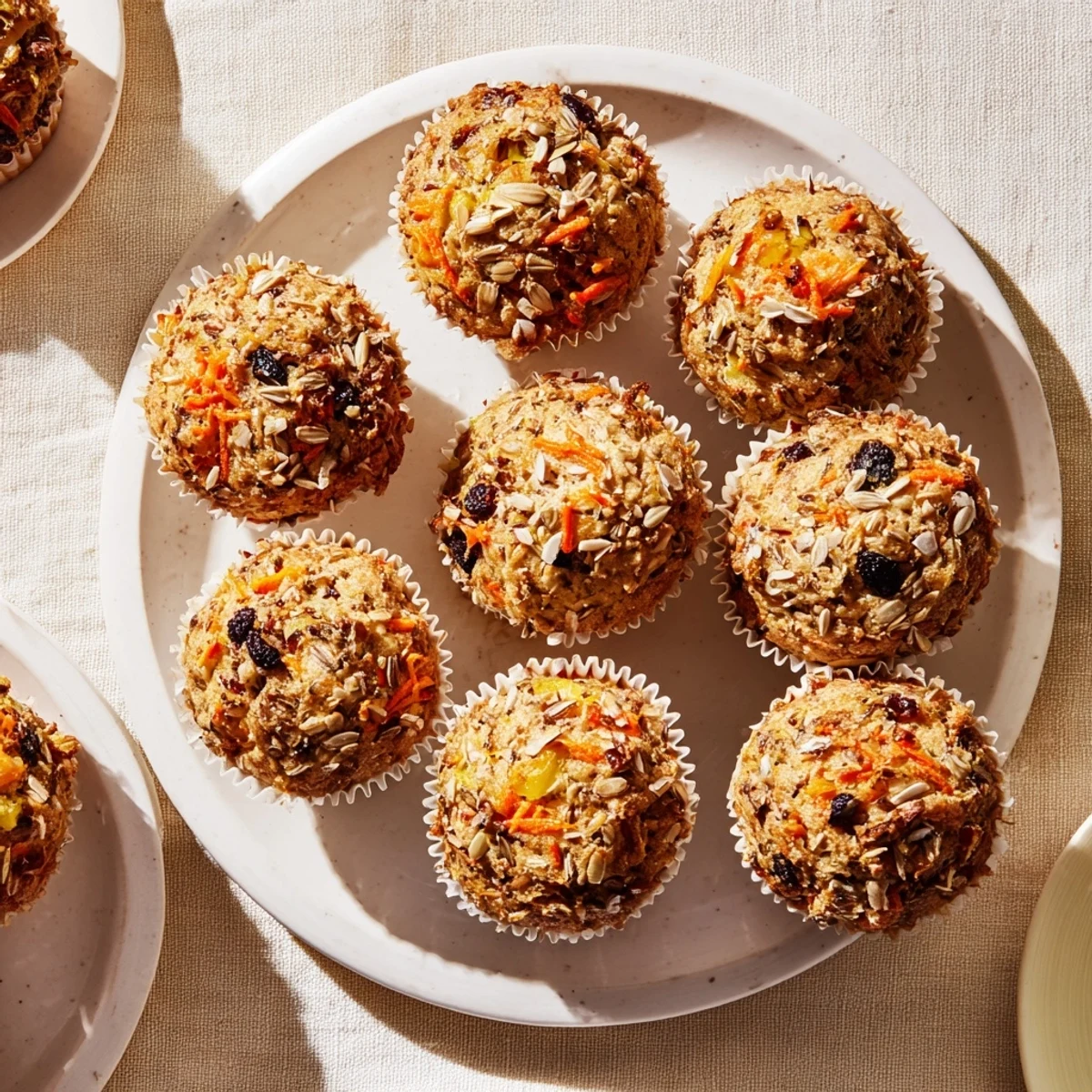 Morning Glory Muffins packed with walnuts and raisins sits beside a steaming mug of coffee.