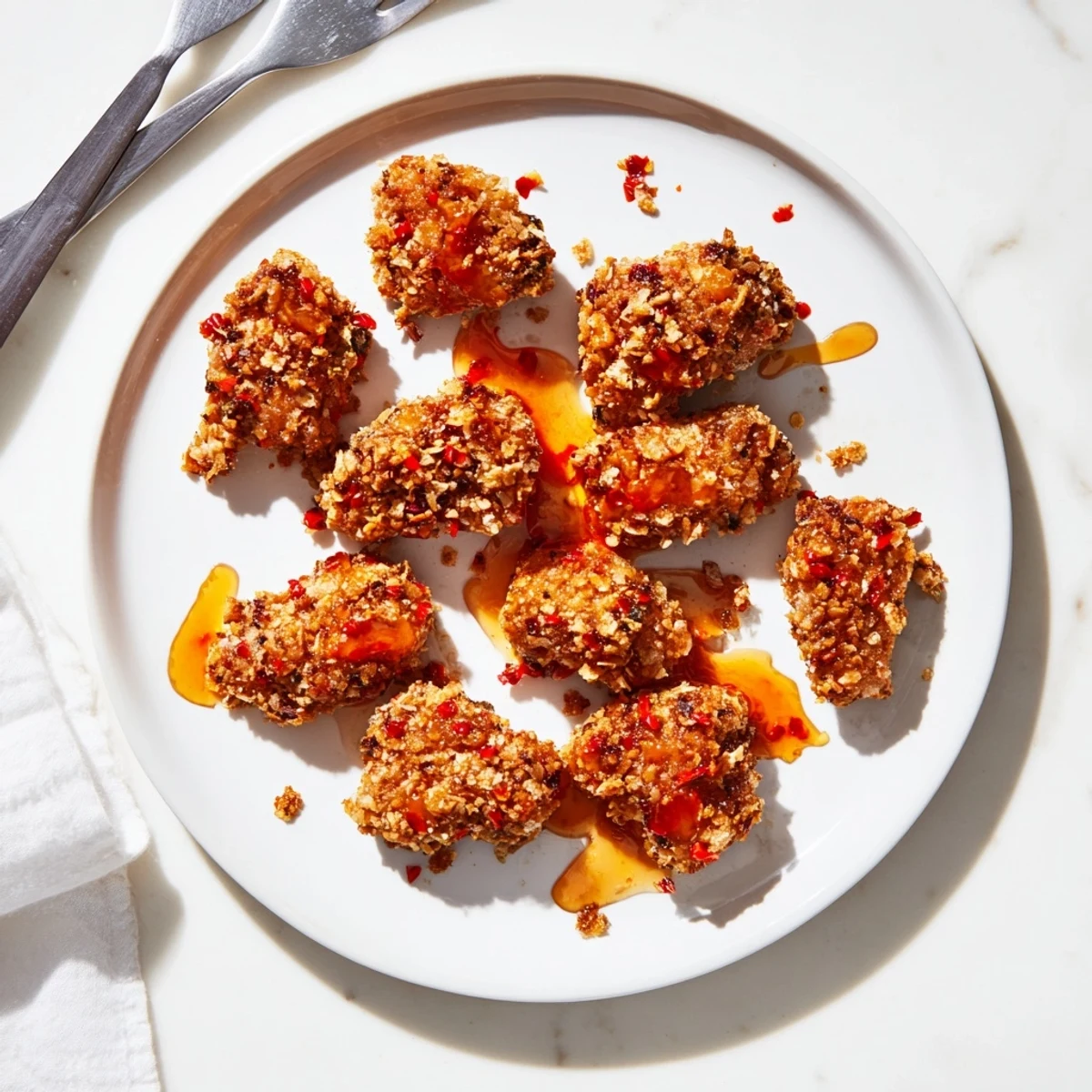 Golden Baked Crunchy Hot Honey Chicken rests on a plate, sliced to reveal juicy chicken inside a crunchy crust.