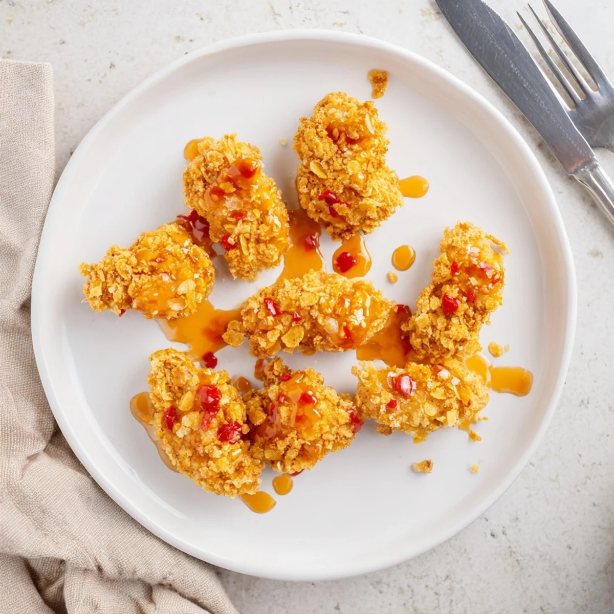 Crispy baked Baked Crunchy Hot Honey Chicken fresh from the oven, golden and glistening with a sweet spicy drizzle.