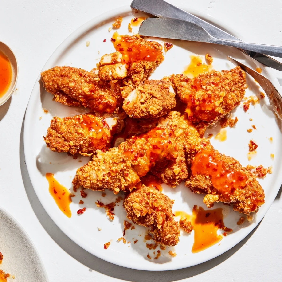 Plate of Baked Crunchy Hot Honey Chicken with coleslaw and pickles, perfect for a flavorful American family dinner.