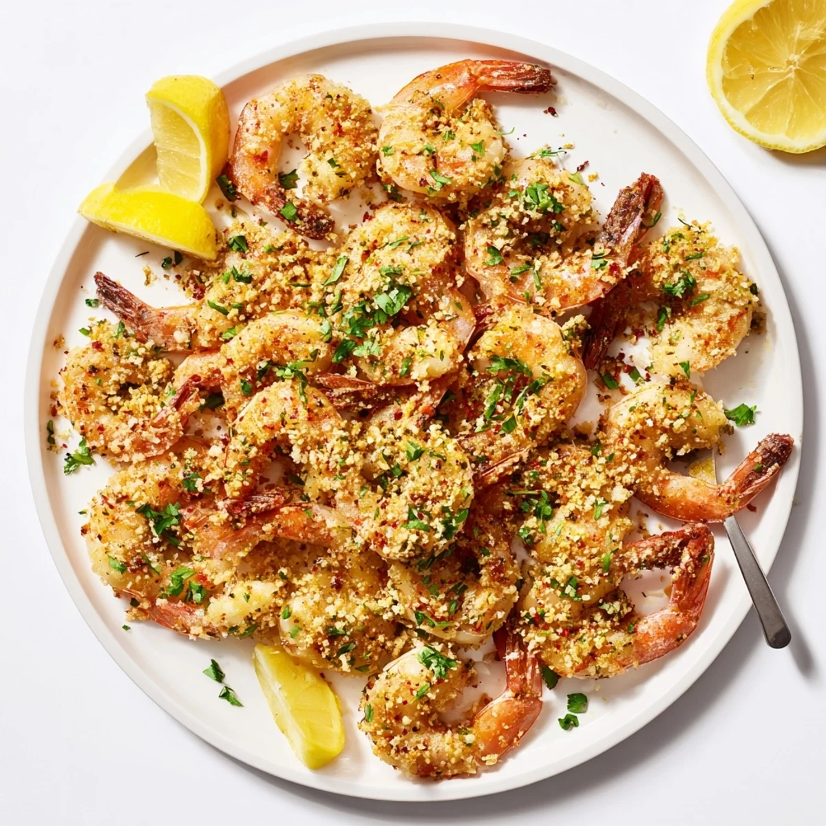 Golden-brown air fryer garlic parmesan shrimp with melted cheese and fresh parsley garnish, served alongside lemon wedges for squeezing over the juicy seafood appetizer.