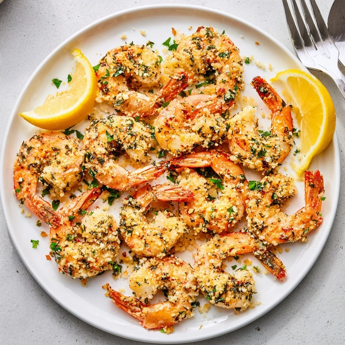 A close-up of crispy air fryer garlic parmesan shrimp in a white bowl, showcasing the savory golden coating and tender pink interior perfect for weeknight dinners.