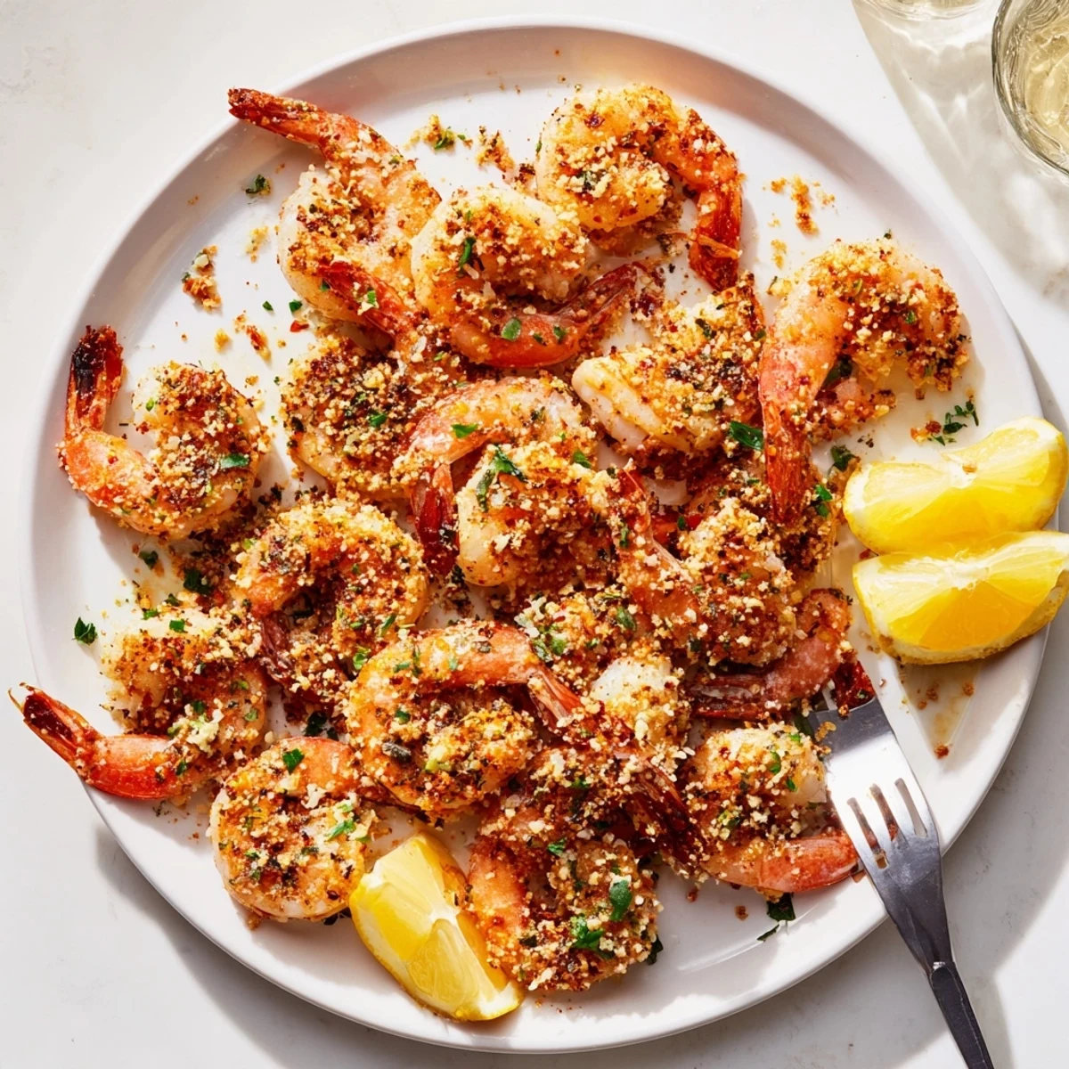 Plated air fryer garlic parmesan shrimp over a bed of greens, with scattered fresh herbs and lemon wedges highlighting the quick gluten-free main dish presentation.