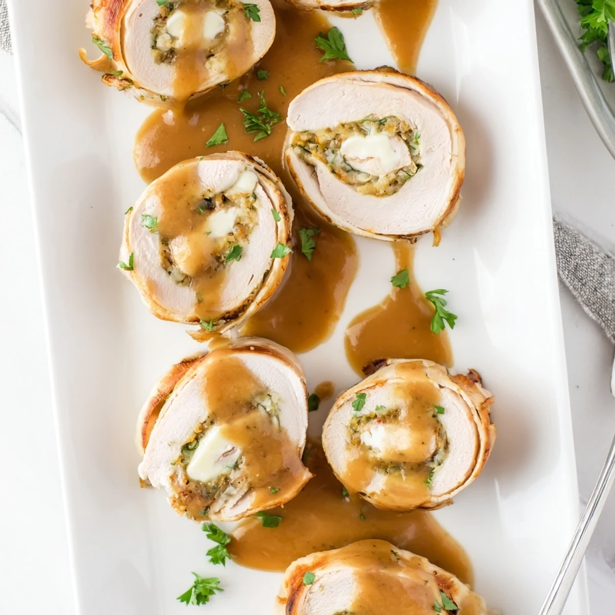 Freshly baked Flavor-Packed Turkey Roll-Ups with Stuffing garnished with parsley and paired with mashed potatoes.  