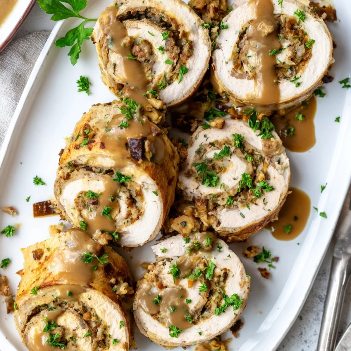 Moist turkey slices stuffed with savory stuffing in these Flavor-Packed Turkey Roll-Ups, ready for dinner.
