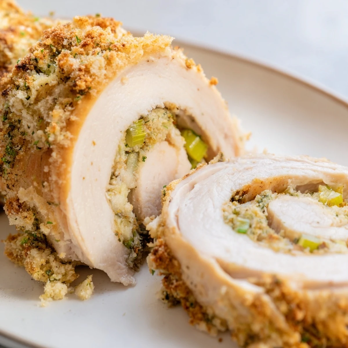 Golden-baked Flavor-Packed Turkey Roll Ups with Stuffing resting on a white plate with fresh parsley garnish.