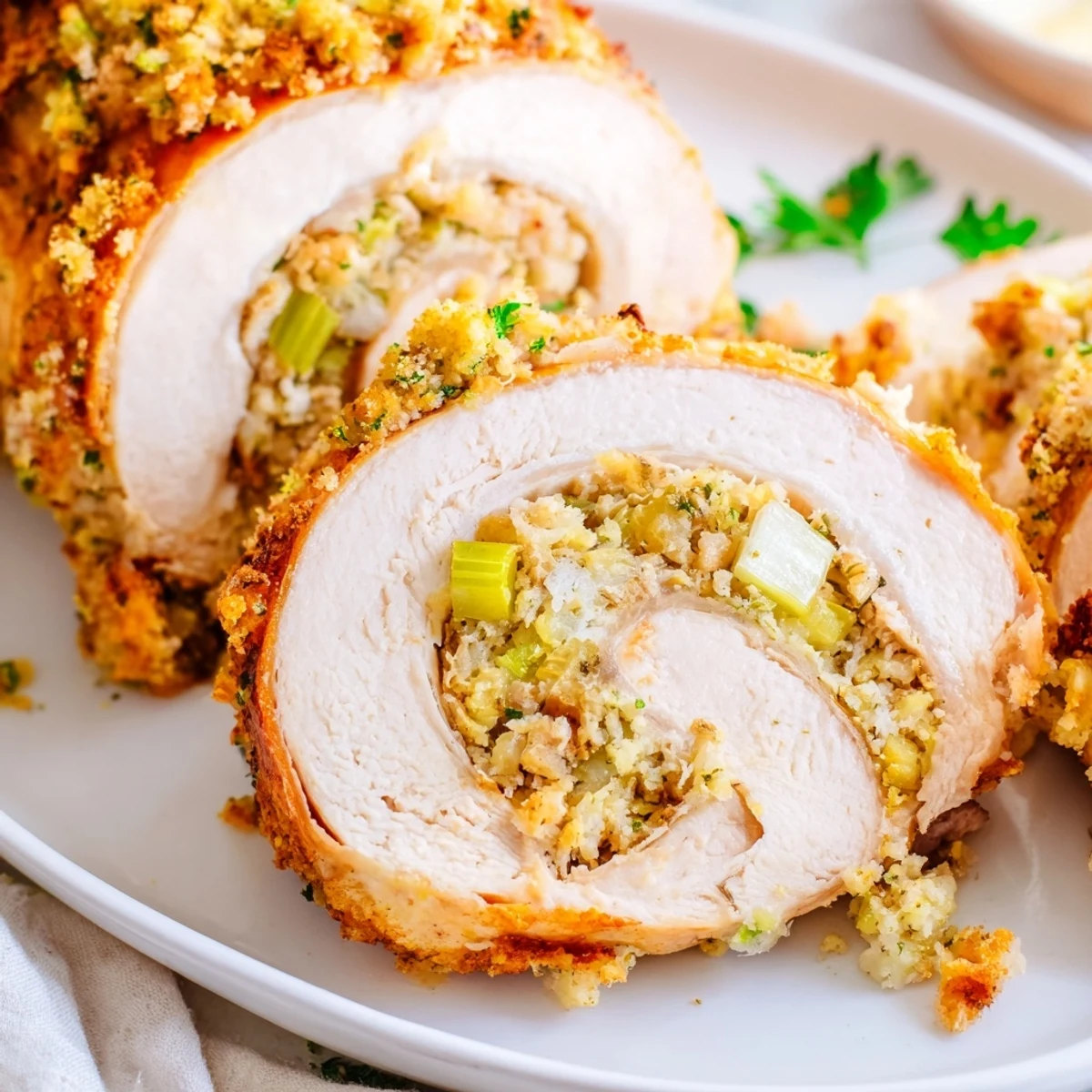 Sliced Flavor-Packed Turkey Roll Ups with Stuffing served on a plate with cranberry sauce and green beans on the side.