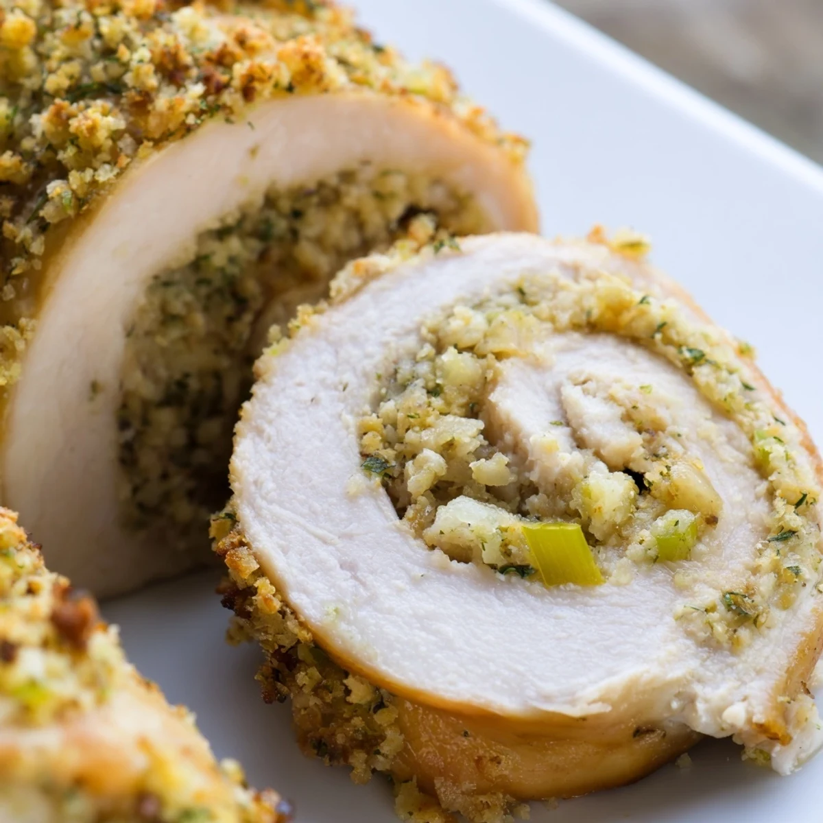 Close-up of Flavor-Packed Turkey Roll Ups with Stuffing sliced open to reveal savory herb stuffing and juicy turkey.