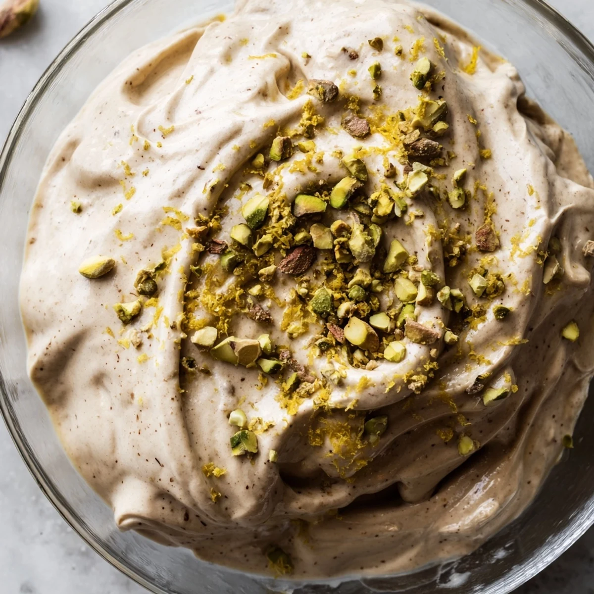 Light and airy Lebanese date orange blossom mousse dessert garnished with chopped nuts and citrus on a white plate