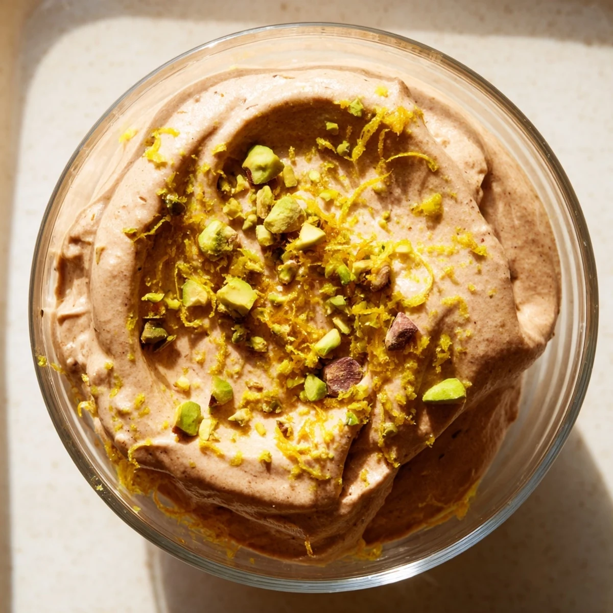 Fluffy Lebanese date orange blossom mousse served in individual glasses with pistachio sprinkles and grated orange peel