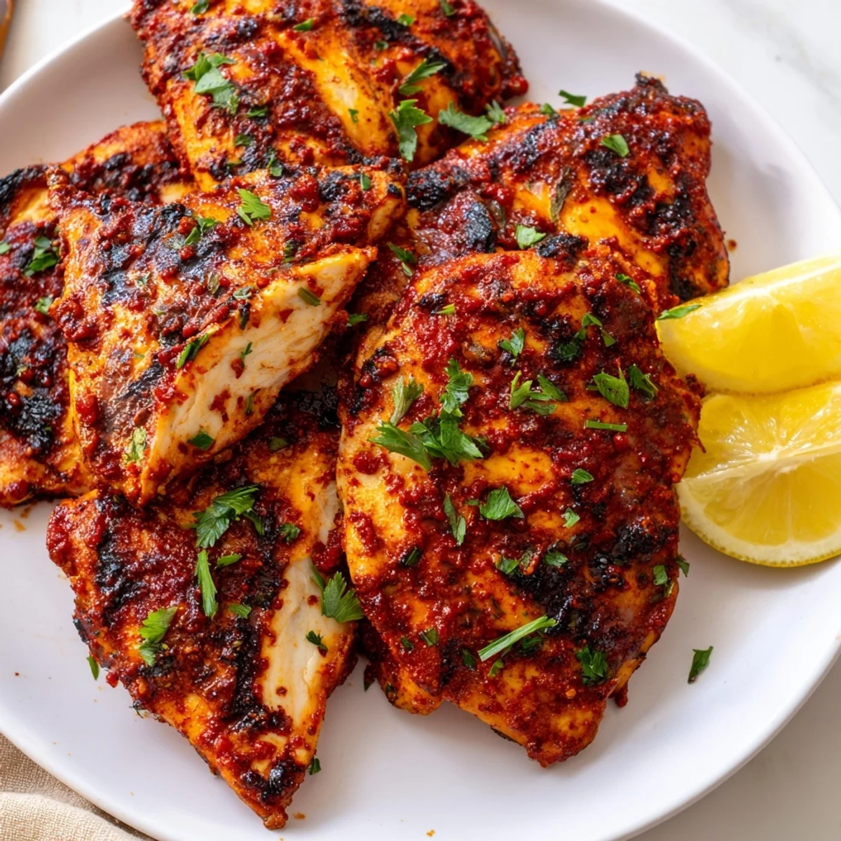 Whole grilled Peri Peri chicken Portuguese style resting on a platter with fresh lemon wedges