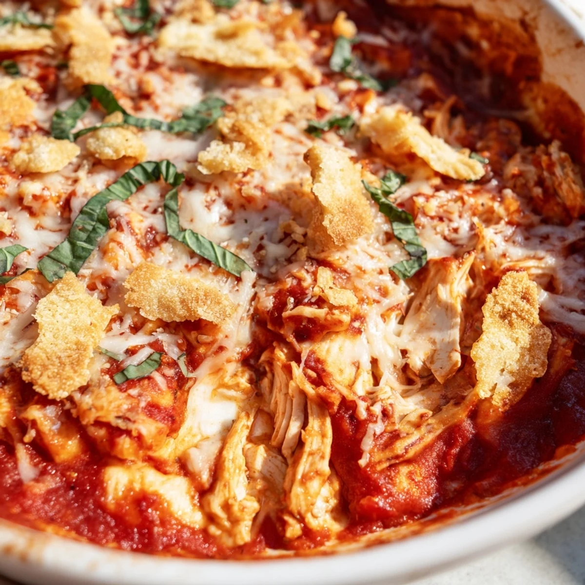 Golden baked keto chicken parmesan casserole with bubbling mozzarella and fresh basil garnish