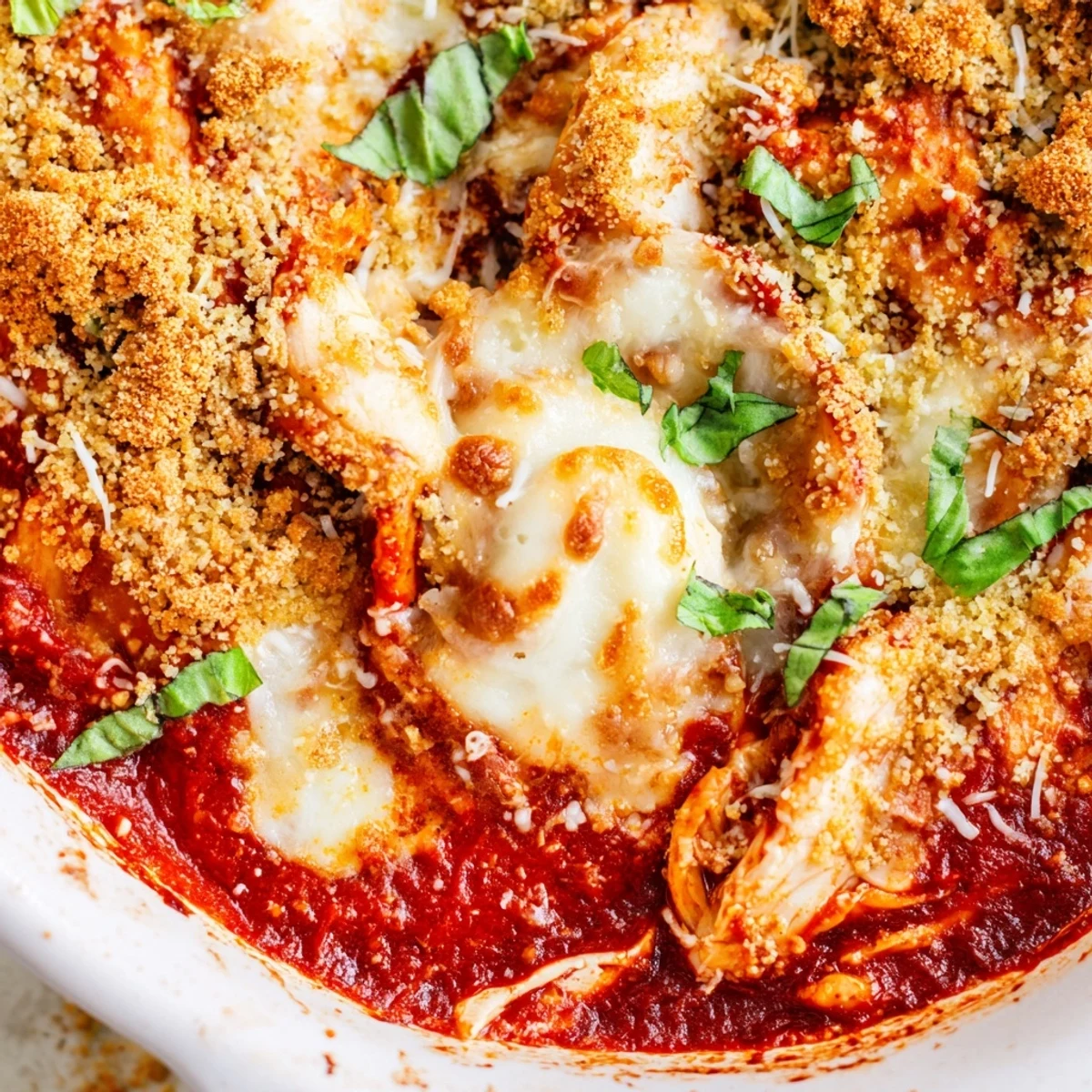 Creamy low-carb chicken parmesan casserole featuring melted cheese topping over tangy marinara sauce