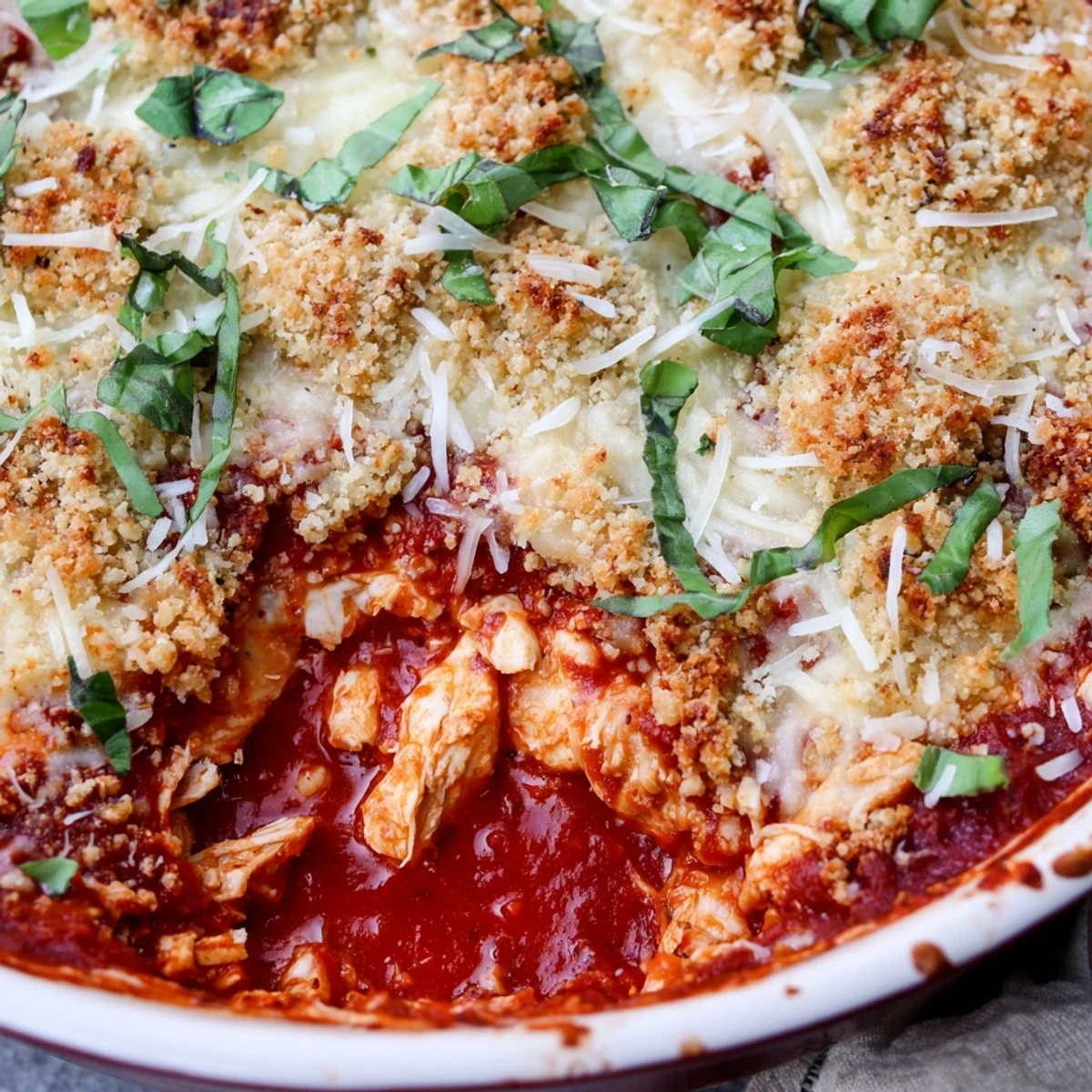 Bubbling skillet of keto chicken parmesan casserole with crispy golden cheese crust ready to serve