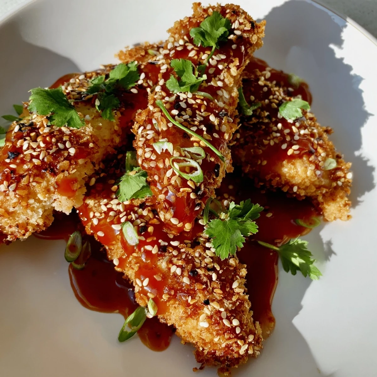 Crispy baked chicken tenders coated in tangy Thai chili sauce topped with fresh spring onions and cilantro