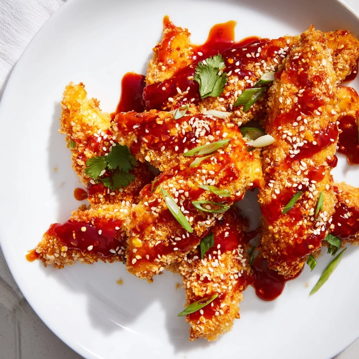 Golden Thai sticky chicken fingers glazed with sweet spicy sauce and sesame seed garnish on white serving platter