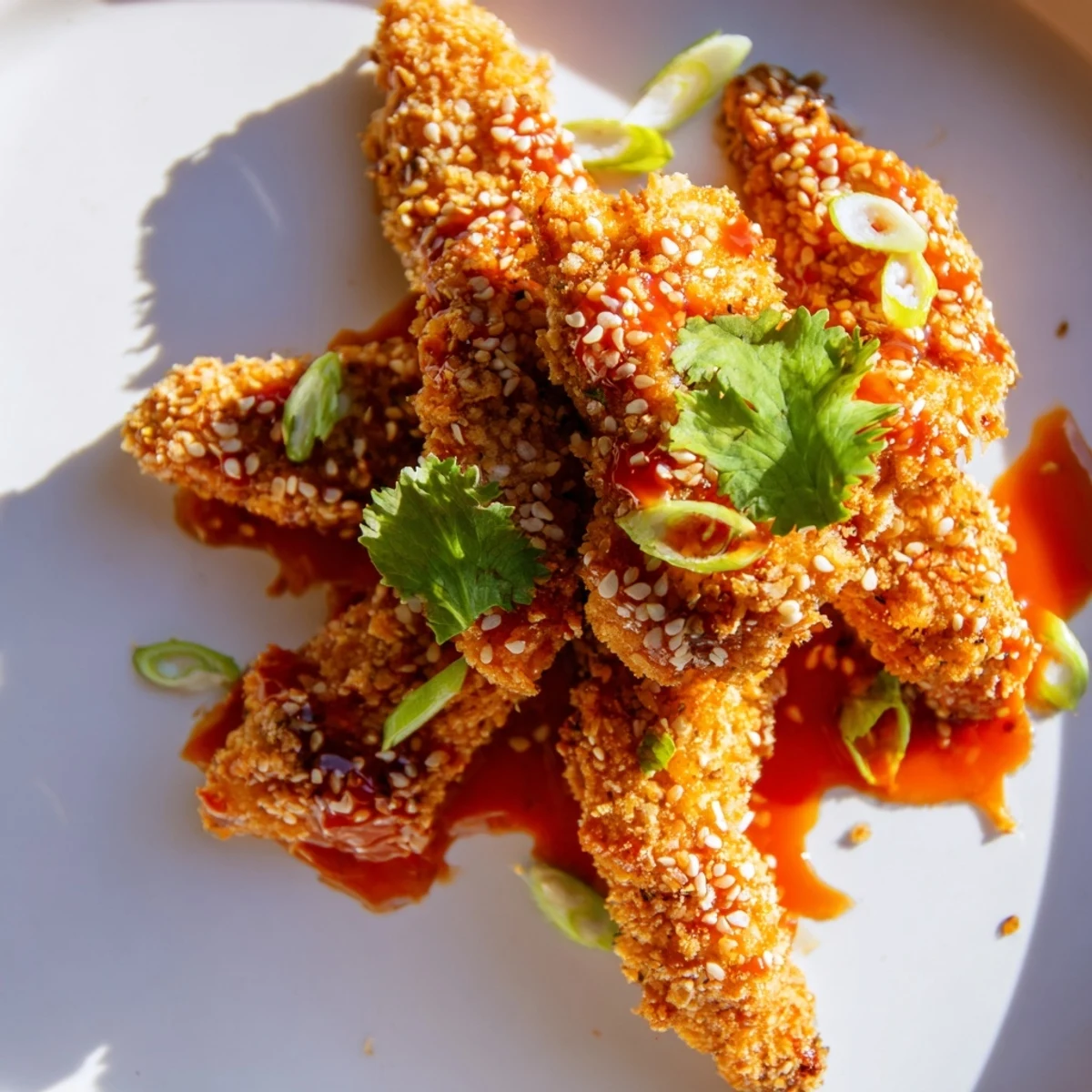 Oven-baked Thai sticky chicken fingers glistening with sweet chili glaze and sprinkled with toasted sesame seeds