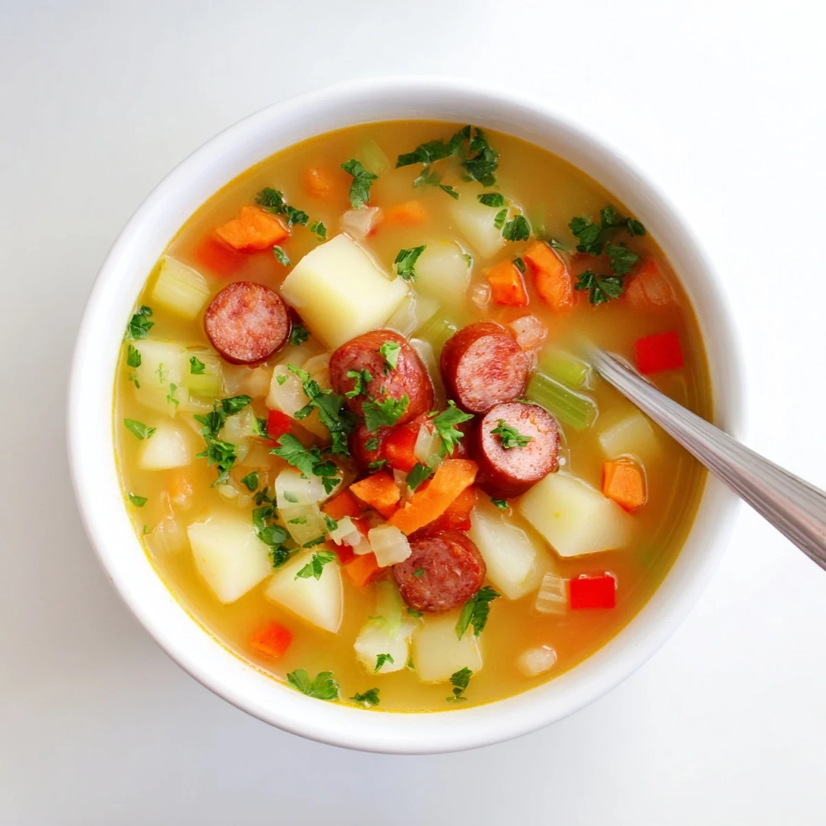 Creamy Spanish potato soup featuring tender Yukon Gold potatoes and smoky chorizo in a rustic bowl