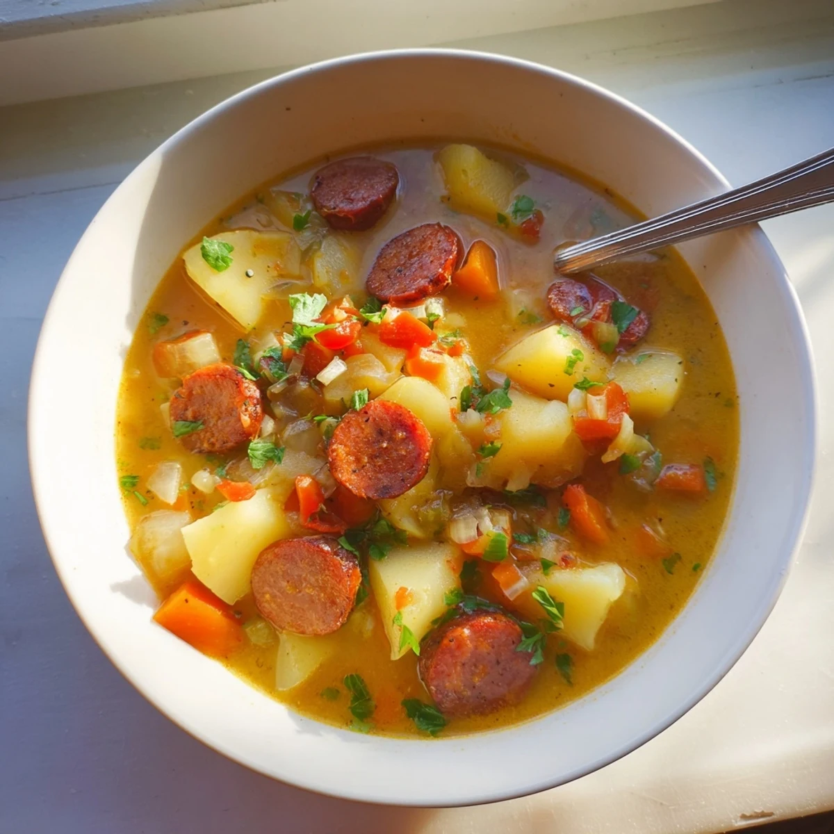 Steamy bowl of Spanish potato soup with chorizo garnished with fresh parsley and crispy sausage slices