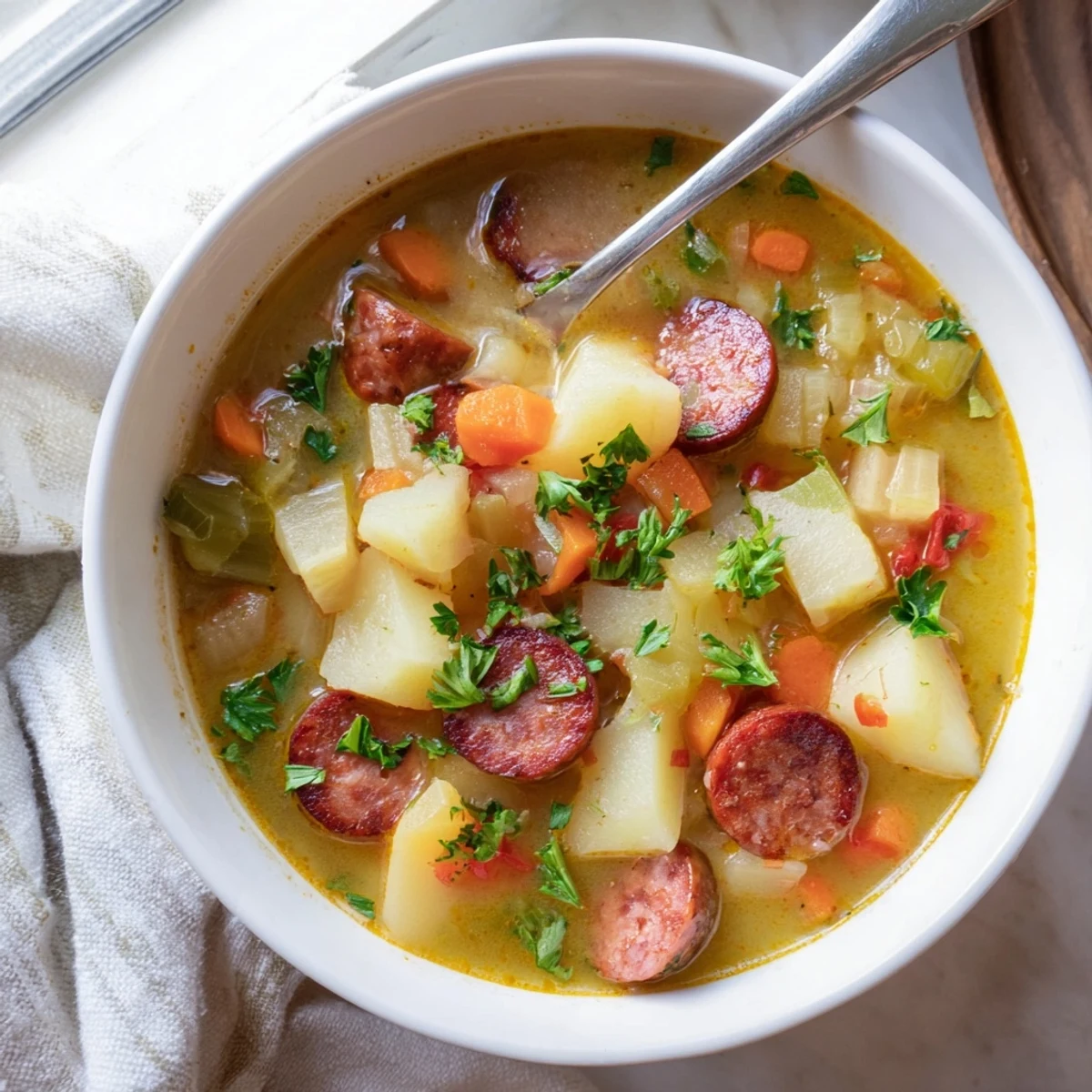 Hearty Spanish potato soup with vegetables and chorizo served with crusty bread for a comforting meal