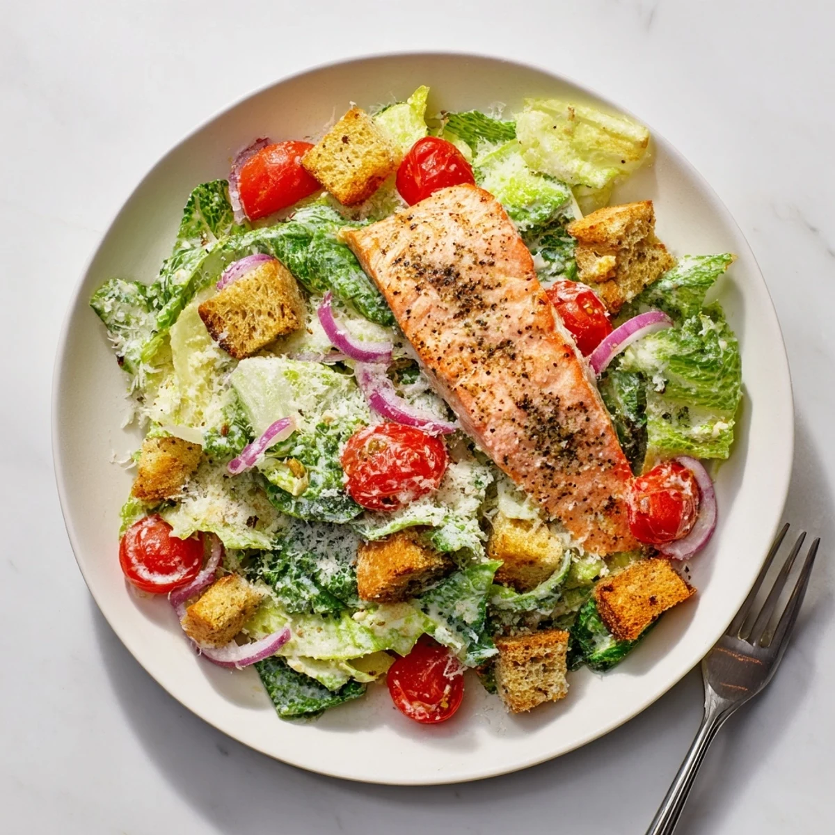 Vibrant salmon Caesar salad featuring perfectly charred fish, fresh cherry tomatoes, and tangy Parmesan cheese