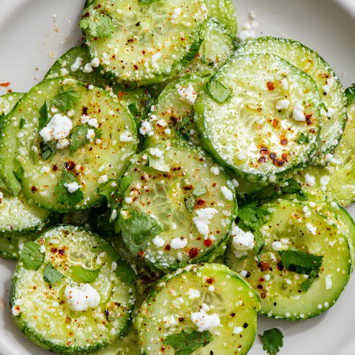 Bowl of chilled Mexican style cucumbers garnished with cilantro and crumbled cotija cheese