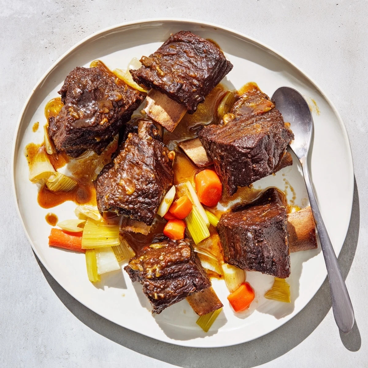 Golden maple bourbon glazed short ribs glistening with rich caramelized sauce on a white serving plate