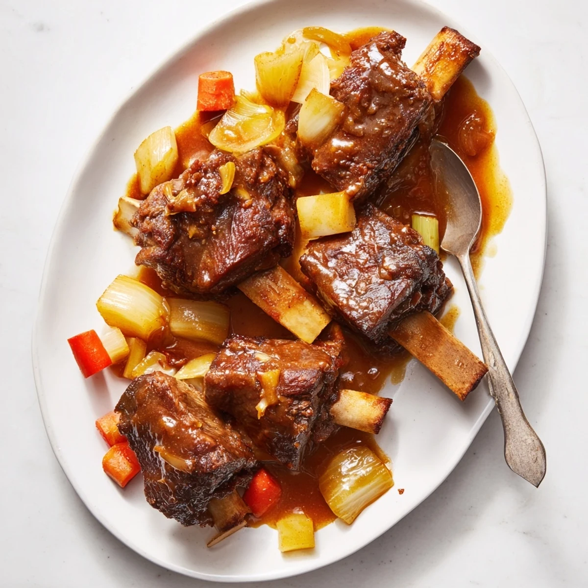 Fork-tender beef short ribs served atop mashed potatoes drizzled with thick smoky maple bourbon reduction sauce