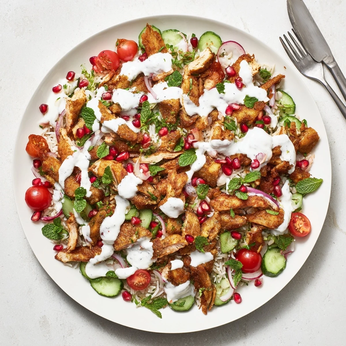 Colorful bowl of chicken shawarma crispy rice salad with fresh vegetables and creamy yogurt tahini dressing