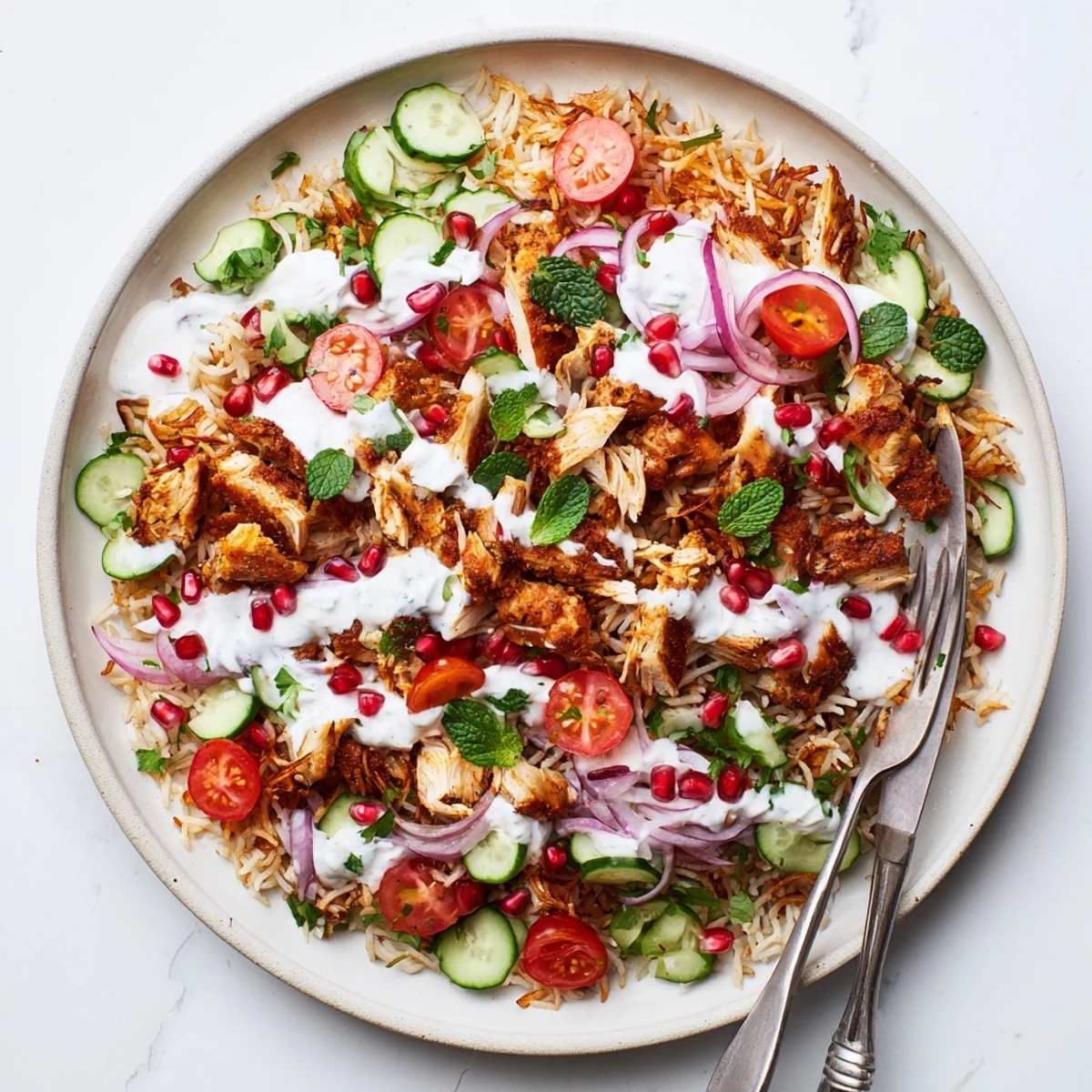Savory spiced chicken served over crispy golden rice with cucumber tomatoes and herbs in a vibrant salad bowl