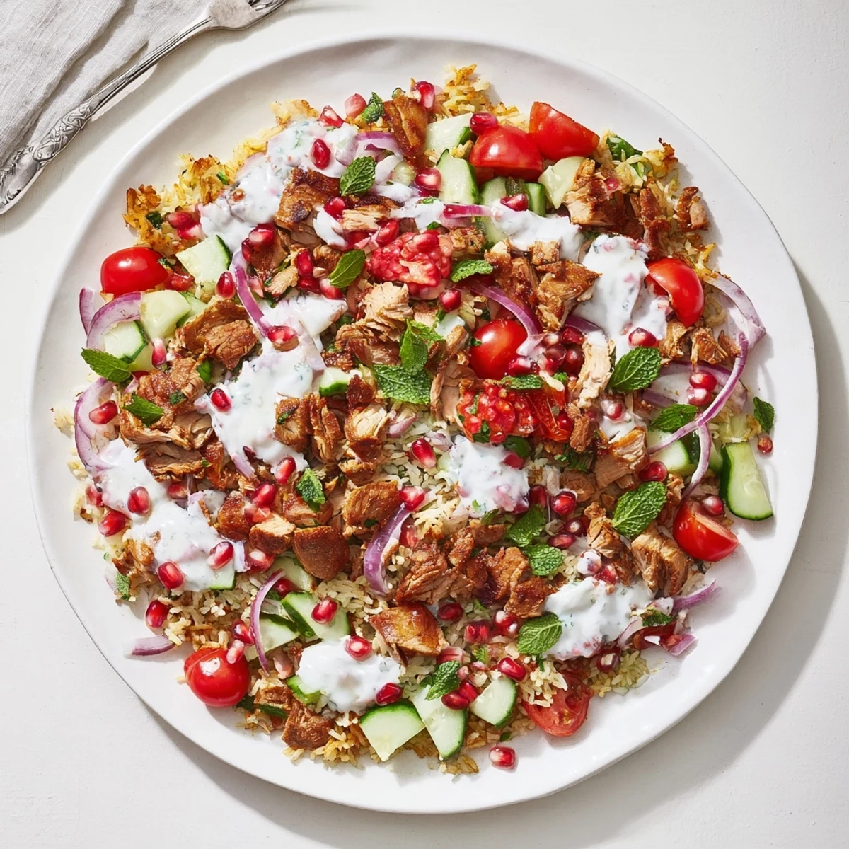 Plate of Middle Eastern chicken shawarma crispy rice salad topped with pomegranate seeds and drizzled with tahini yogurt sauce