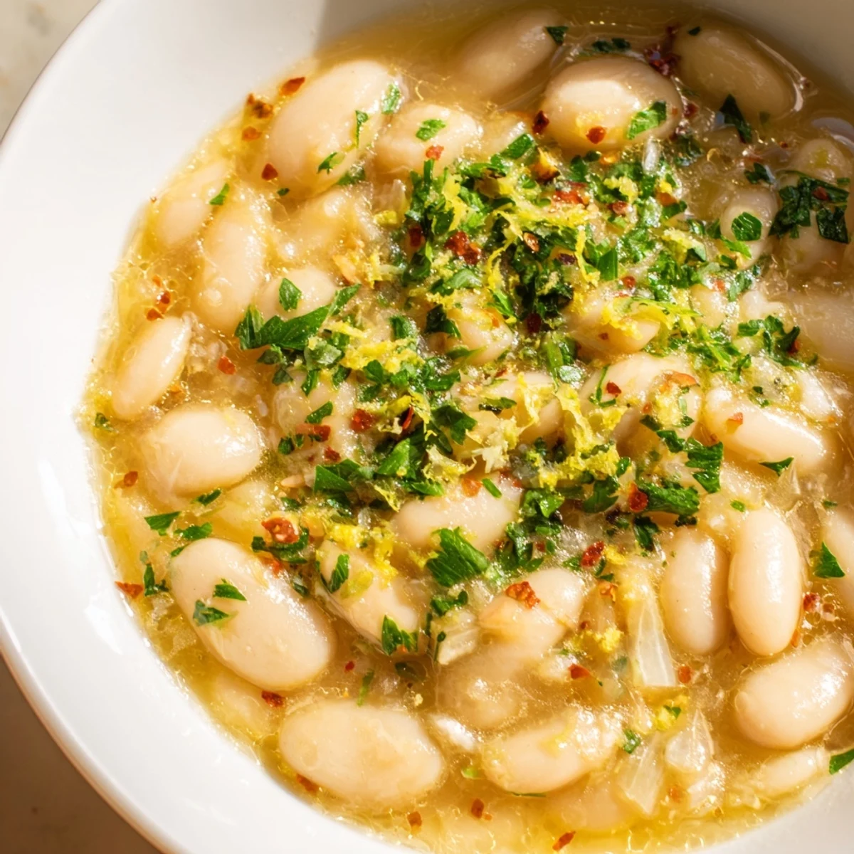 Creamy white miso butter brothy beans simmered in an aromatic golden broth with fresh herbs