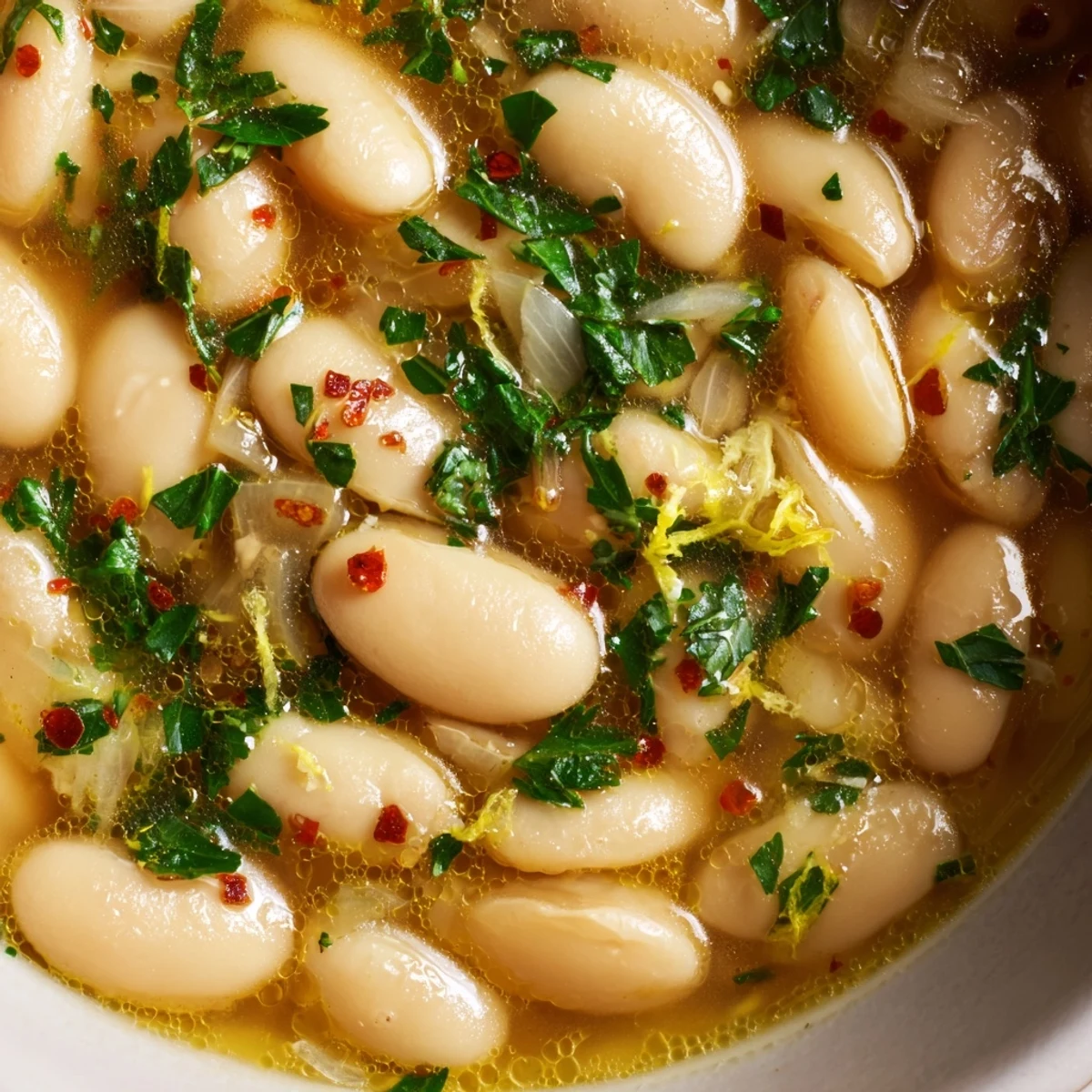 Savory miso butter brothy beans in a rich bowl topped with bright green parsley garnish