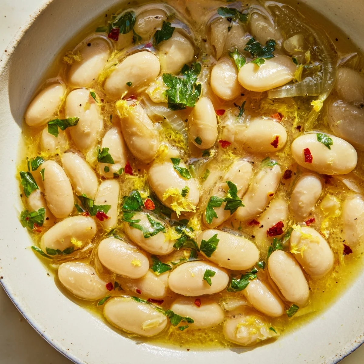 Comforting vegetarian miso butter brothy beans served steaming hot with lemon zest and crusty bread