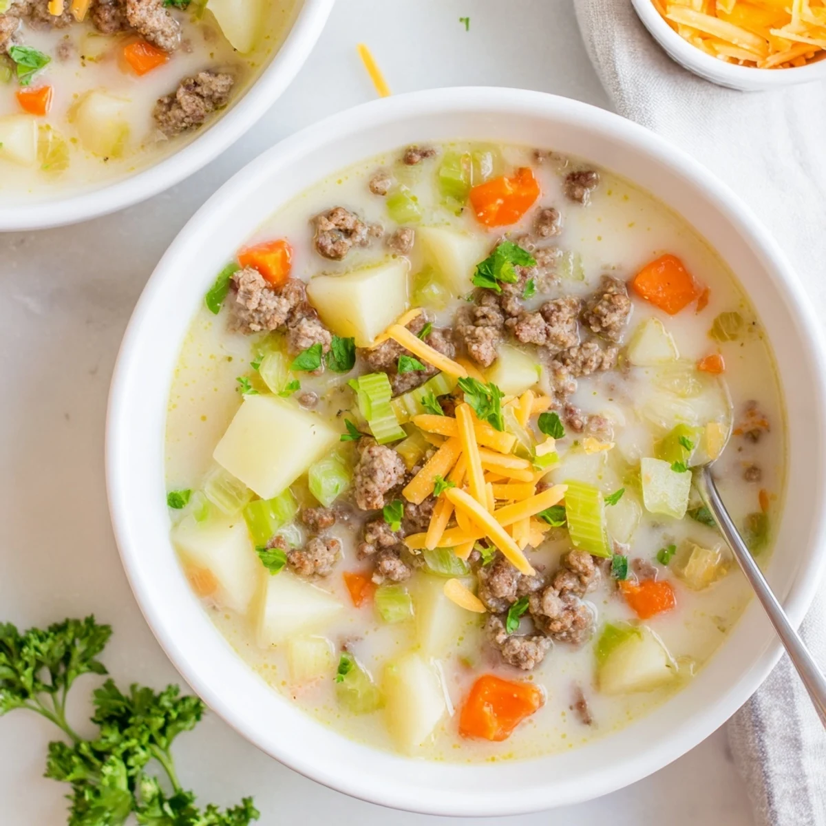 Hearty simple pork sausage potato soup featuring tender potatoes and vegetables in a rustic ceramic serving dish