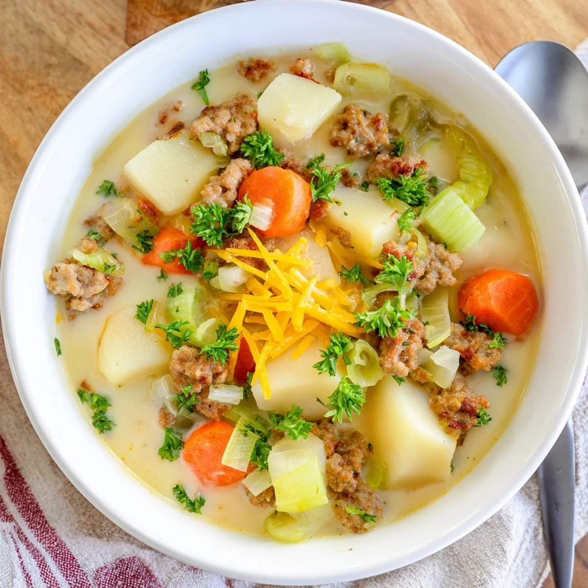 Creamy pork sausage potato soup garnished with fresh parsley and grated cheddar cheese in a white bowl