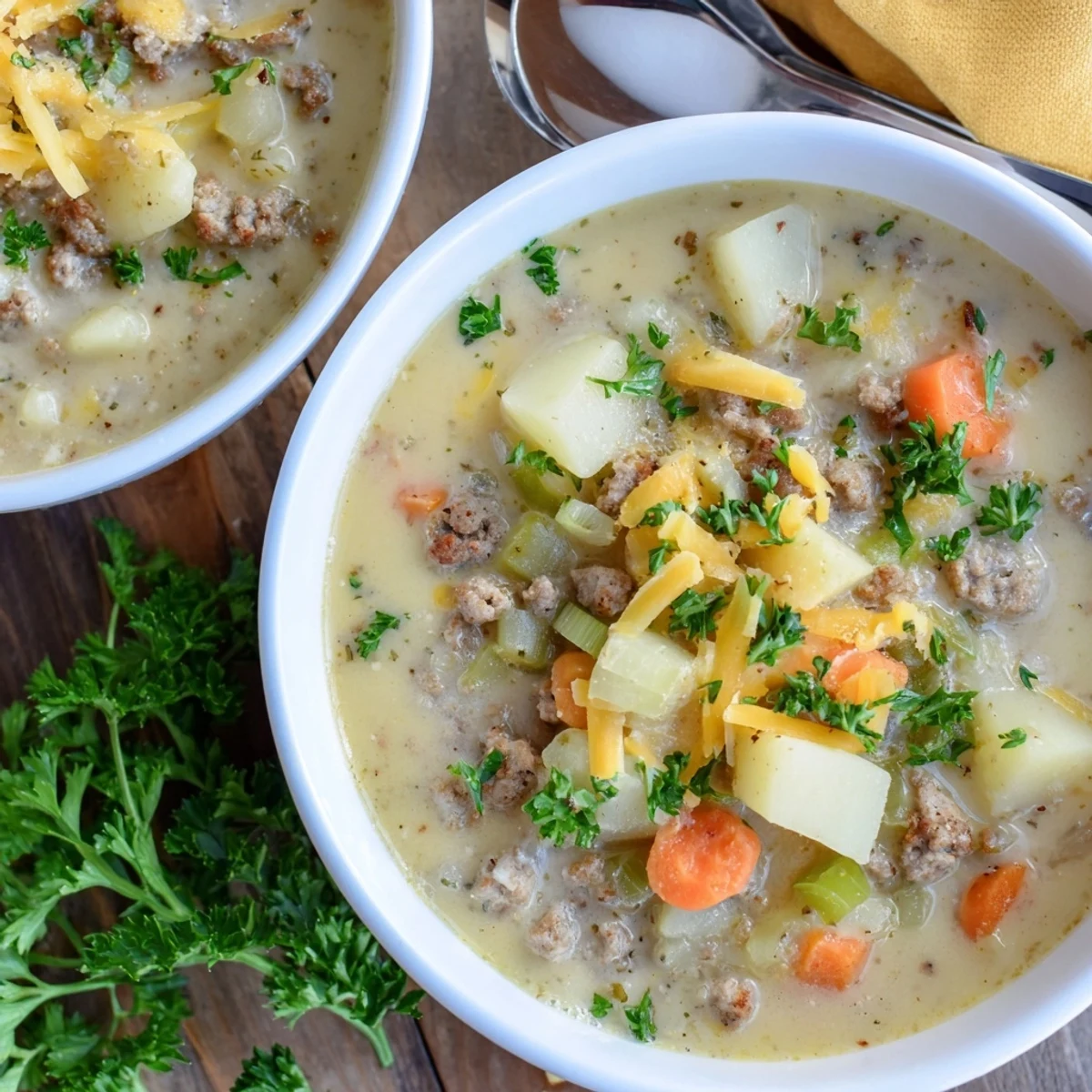 Savory pork sausage potato soup with chunks of sausage and diced potatoes simmered in a rich broth
