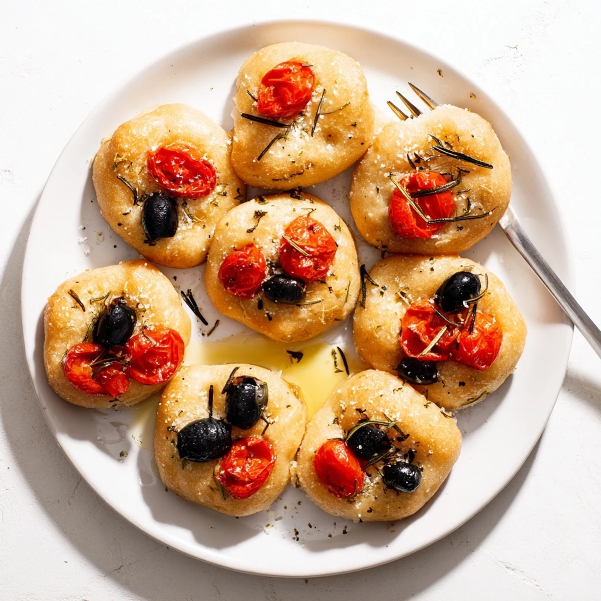 Golden crispy mini focaccia topped with fresh rosemary and sea salt on a wooden board