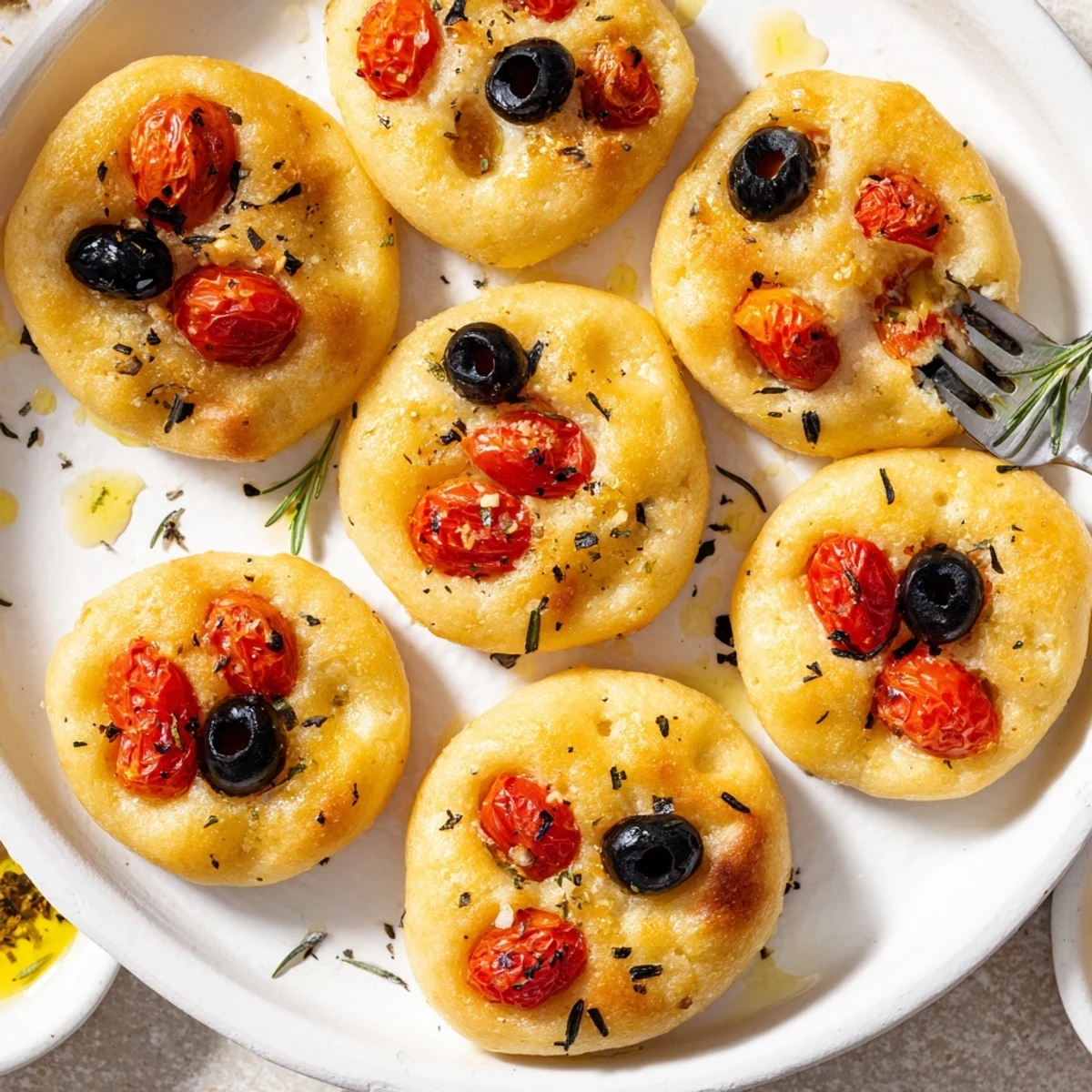 Fluffy individual Italian breads with cherry tomatoes and olives baked until golden brown