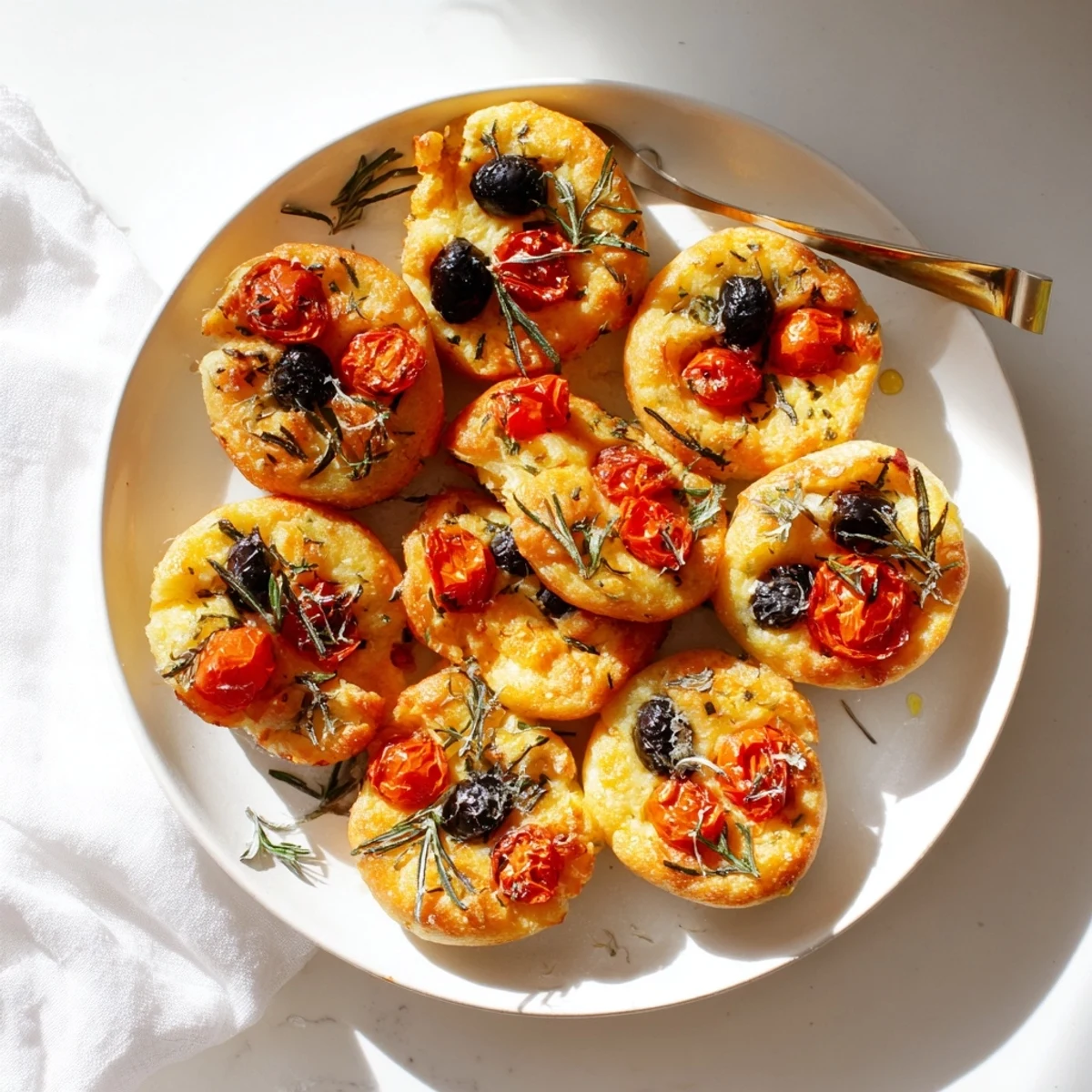 Close up of warm mini focaccia with dimpled crust and aromatic herbs ready for serving