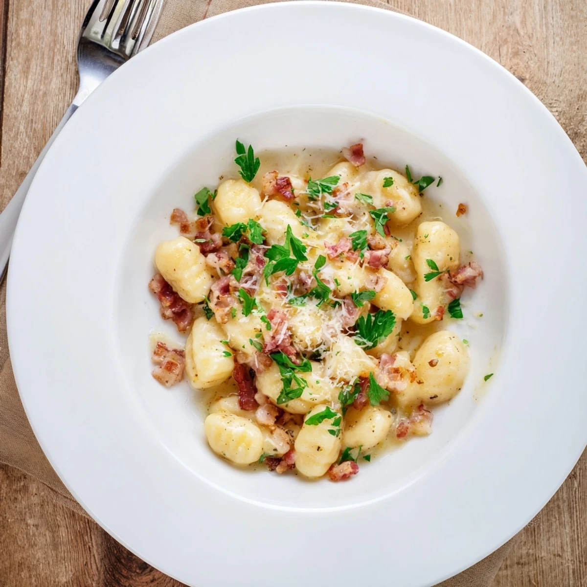 Golden gnocchi carbonara with crispy bacon pieces and melted Parmesan in a creamy white sauce