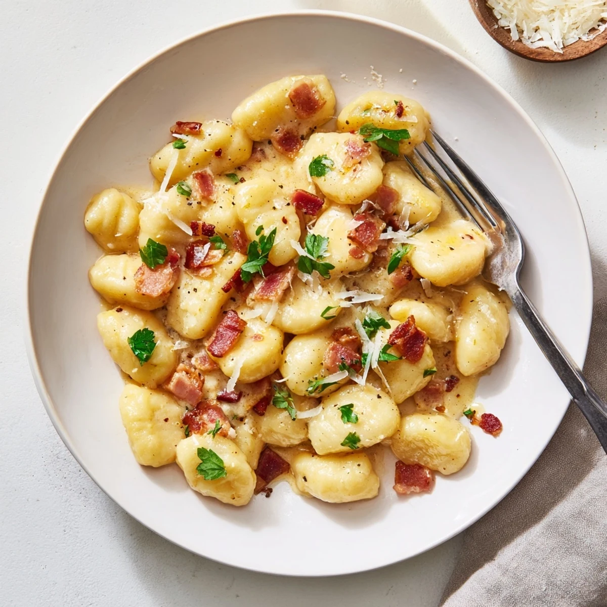 Plate of gnocchi carbonara featuring pillowy pasta in eggy sauce with bacon bits and Parmesan shavings