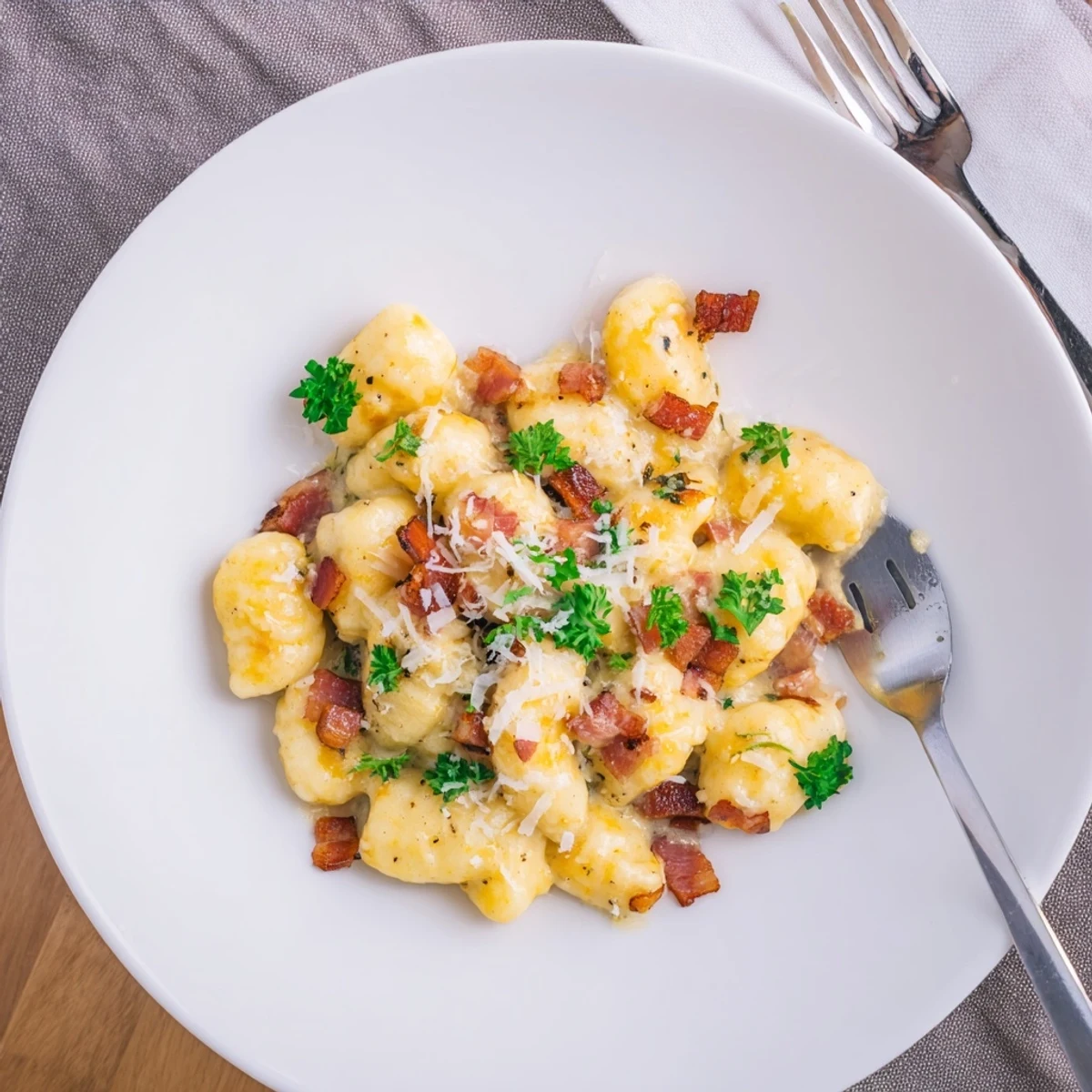 Creamy carbonara sauce coats tender potato gnocchi topped with crunchy bacon and grated Parmesan cheese