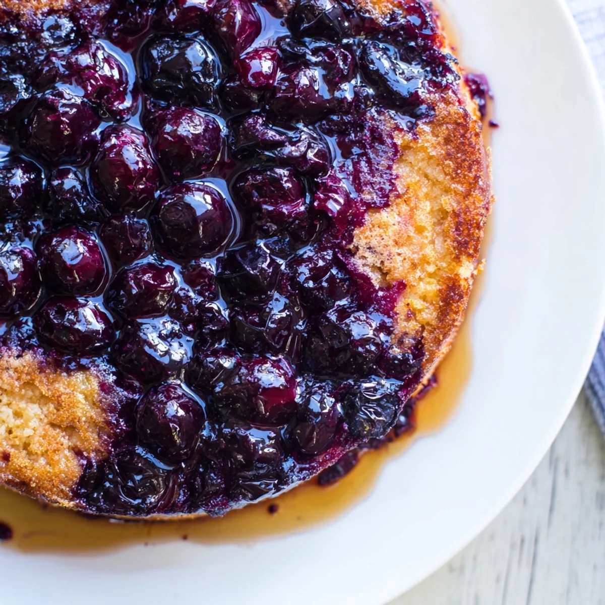 Moist blueberry upside down cake topped with glistening caramelized fresh berries