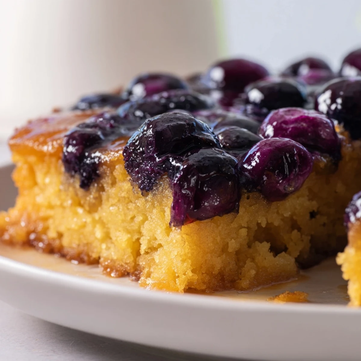 Golden blueberry upside down cake with caramelized fruit topping on a serving plate