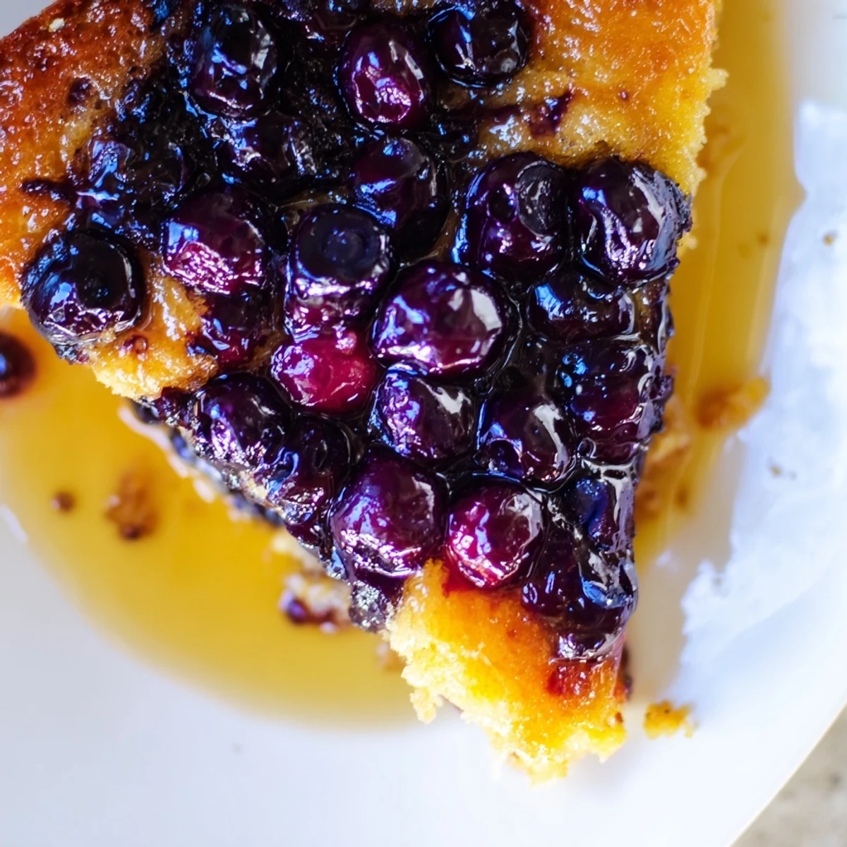Slice of homemade blueberry upside down cake revealing tender crumbs and fruit layer
