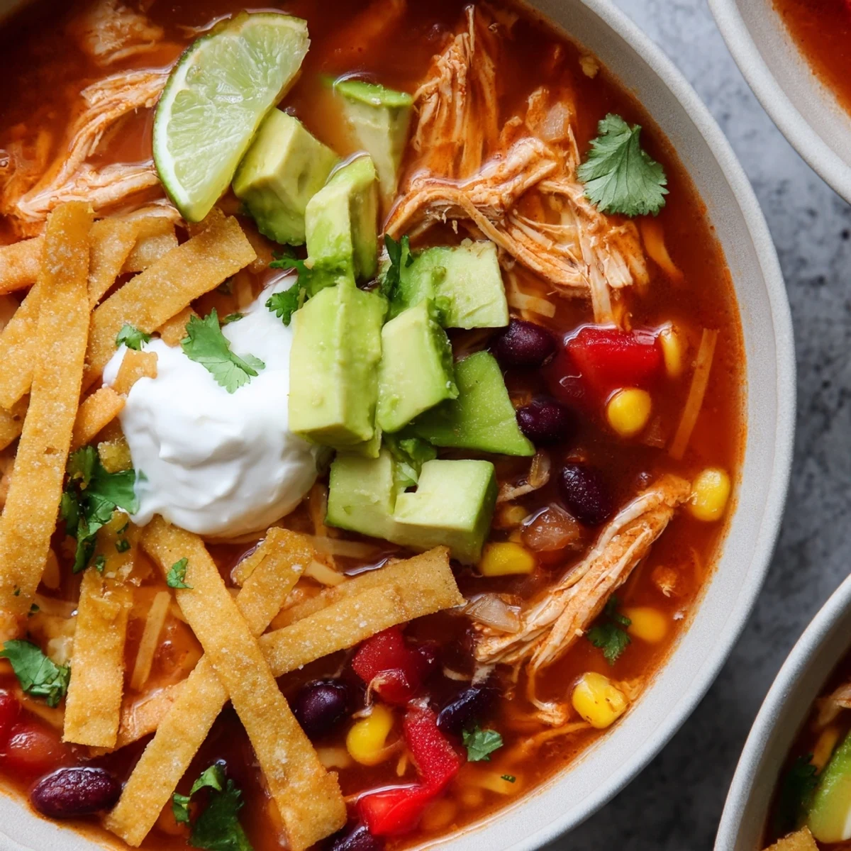 Golden chicken tortilla soup bowl topped with crispy tortilla strips, avocado, and fresh cilantro