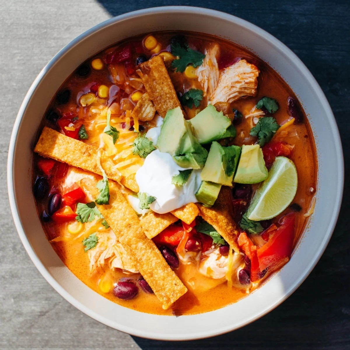Hearty chicken tortilla soup simmering with black beans, corn, and vibrant red bell peppers
