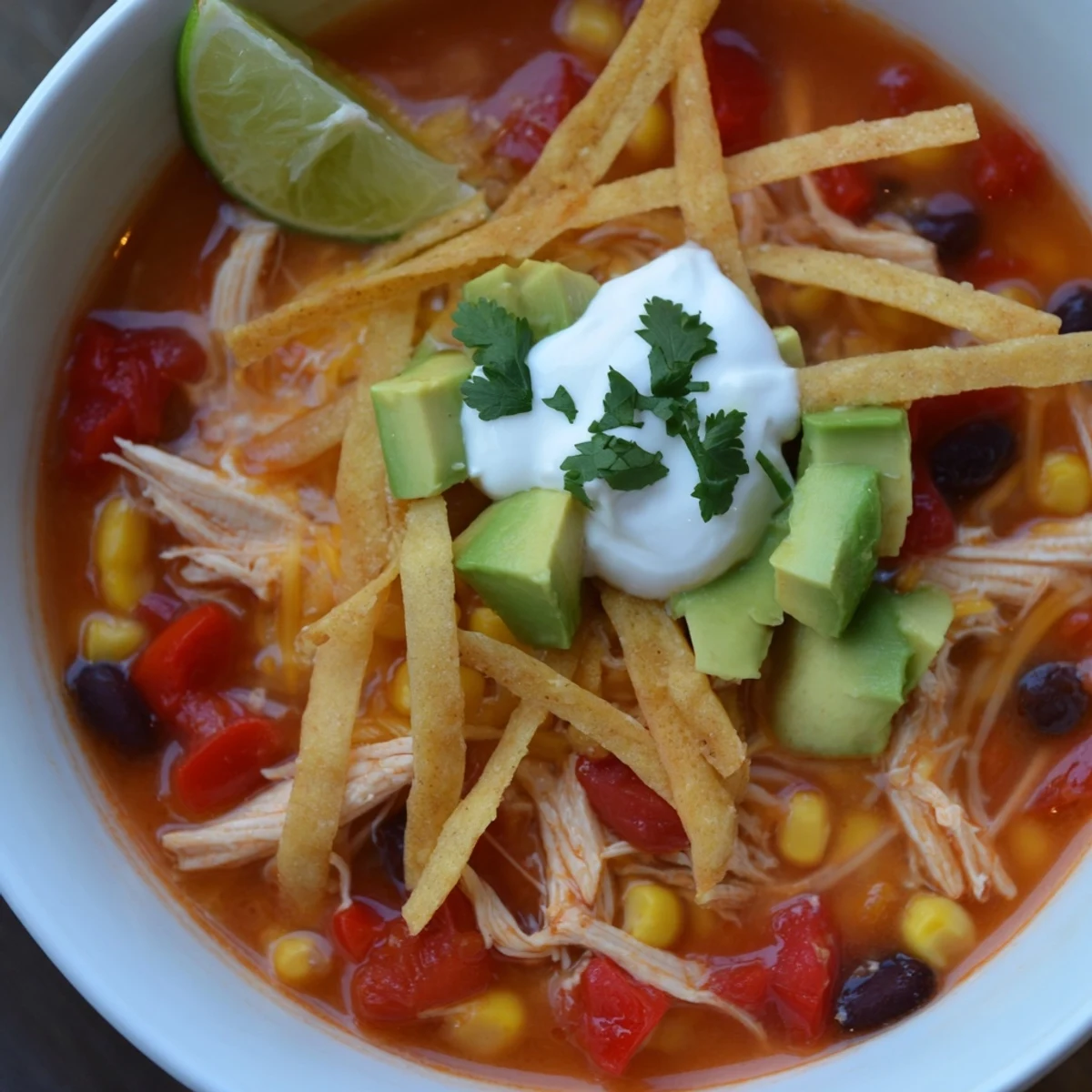 Rustic chicken tortilla soup garnished with melted cheese, lime wedges, and creamy sour cream
