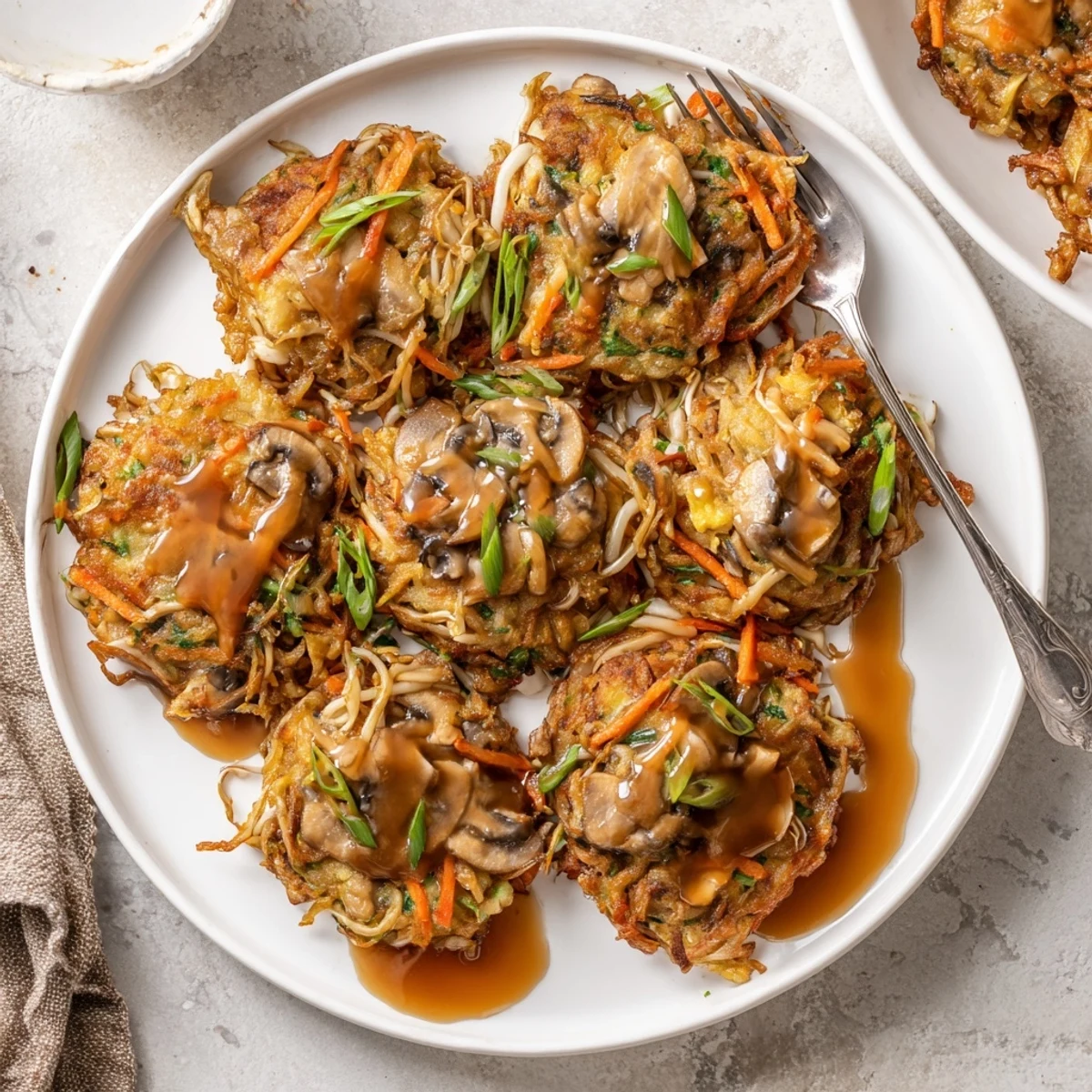 Golden brown crispy Egg Foo Young patties topped with rich savory brown gravy